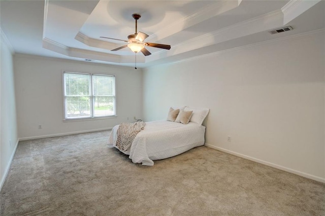 5404 Chaversham Ln, Peachtree Corners, GA 30092 - carpeted bedroom featuring a raised ceiling, ornamental molding, baseboards, and a ceiling fan