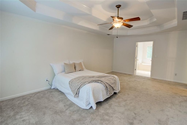5404 Chaversham Ln, Peachtree Corners, GA 30092 - bedroom featuring a raised ceiling, crown molding, carpet floors, baseboards, and a ceiling fan
