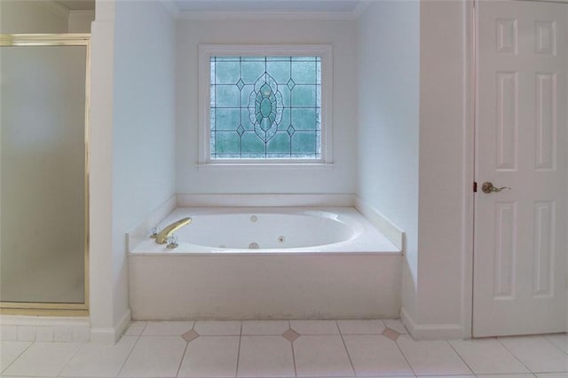 5404 Chaversham Ln, Peachtree Corners, GA 30092 - bathroom featuring a stall shower, a whirlpool tub, ornamental molding, tile patterned flooring, and baseboards