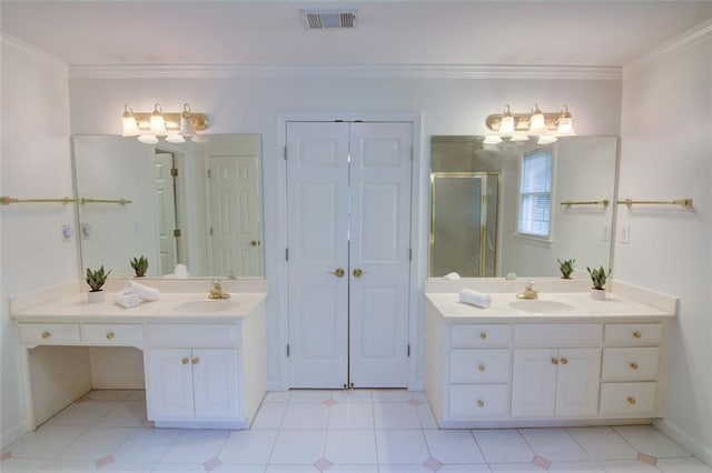 5404 Chaversham Ln, Peachtree Corners, GA 30092 - full bath with a closet, a stall shower, two vanities, and ornamental molding