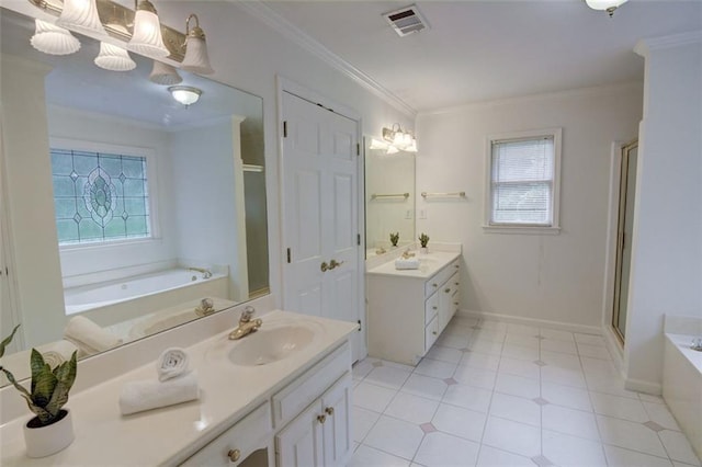 5404 Chaversham Ln, Peachtree Corners, GA 30092 - bathroom with vanity, a bath, a stall shower, ornamental molding, and tile patterned flooring
