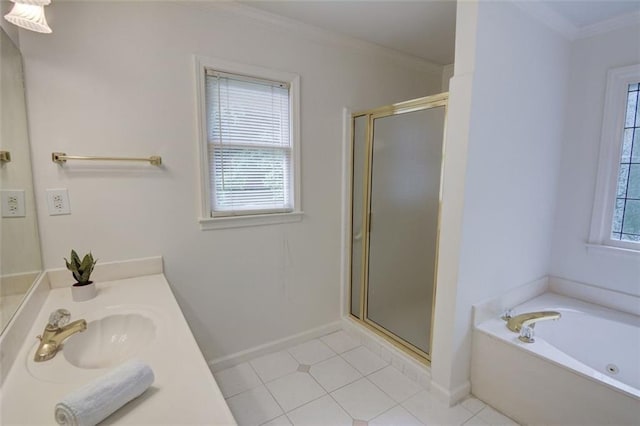 5404 Chaversham Ln, Peachtree Corners, GA 30092 - bathroom featuring a shower stall, vanity, crown molding, a garden tub, and tile patterned flooring