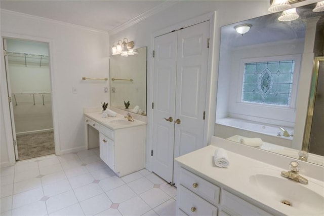 5404 Chaversham Ln, Peachtree Corners, GA 30092 - bathroom with vanity, ornamental molding, a bath, tile patterned floors, and a walk in closet
