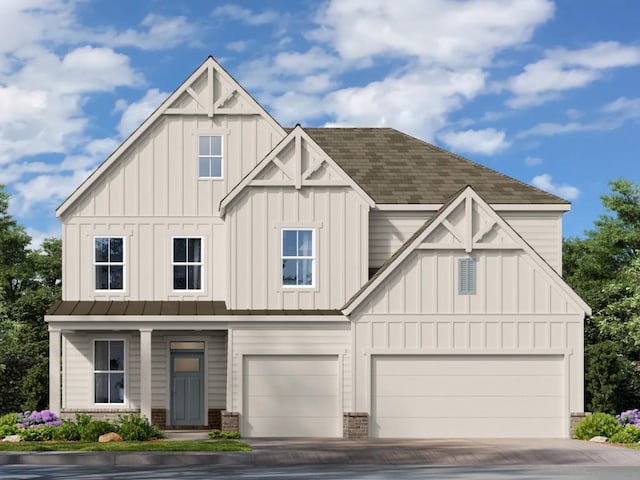 view of front of home with board and batten siding, roof with shingles, brick siding, and a garage