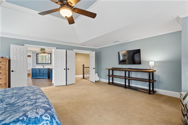 bedroom featuring light carpet, ornamental molding, and baseboards