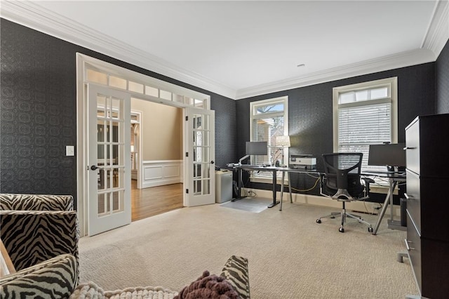 office with french doors, wainscoting, carpet flooring, and crown molding