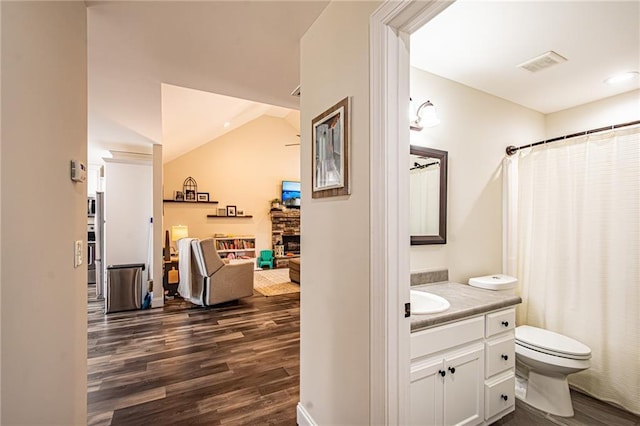 bathroom featuring visible vents, a fireplace, vanity, and wood finished floors