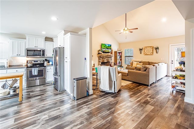 kitchen with a fireplace, lofted ceiling, appliances with stainless steel finishes, open floor plan, and white cabinetry