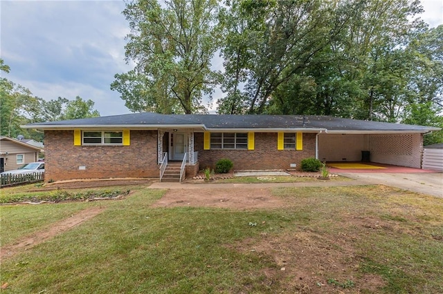 single story home featuring a carport and a front lawn