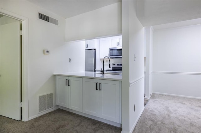 223 Tuxworth Cir, Decatur, GA 30033 - kitchen with carpet flooring, stainless steel appliances, visible vents, and a sink