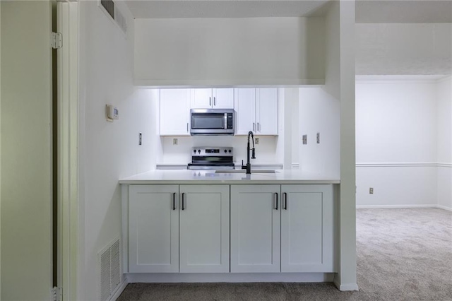 223 Tuxworth Cir, Decatur, GA 30033 - kitchen featuring visible vents, light countertops, a sink, carpet, and stainless steel appliances