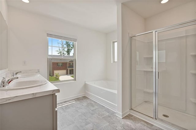4117 Flat Rock Pt, Stonecrest, GA 30038 - full bath with a garden tub, a shower stall, double vanity, baseboards, and recessed lighting
