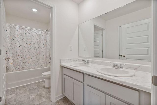 4117 Flat Rock Pt, Stonecrest, GA 30038 - bathroom with double vanity, toilet, and shower / bath combo with shower curtain