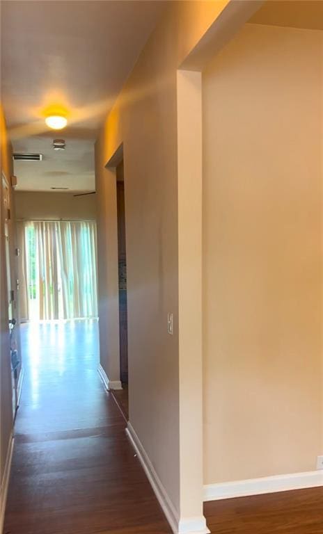 hallway with dark hardwood / wood-style flooring