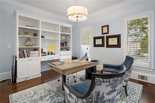 office area with built in shelves, ornamental molding, dark hardwood / wood-style floors, and an inviting chandelier