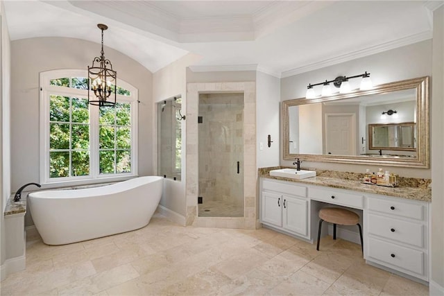 bathroom with lofted ceiling, vanity, separate shower and tub, ornamental molding, and a notable chandelier