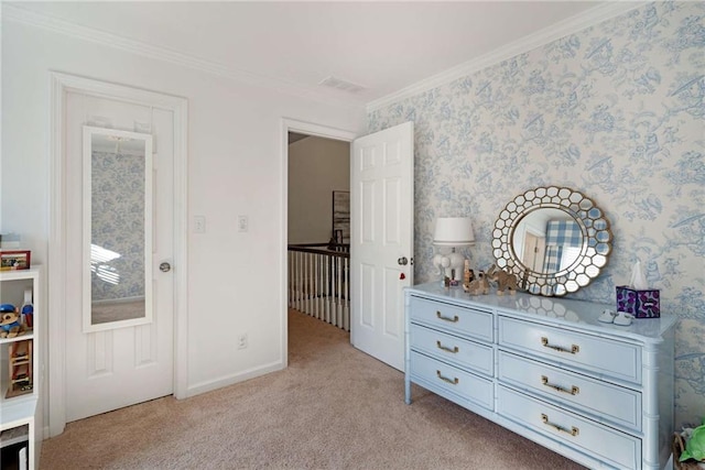 bedroom featuring crown molding and light colored carpet