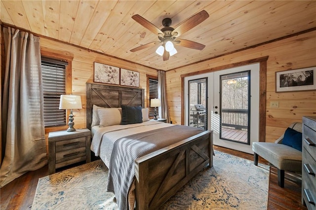 bedroom featuring dark wood-type flooring, wood walls, wood ceiling, access to outside, and french doors