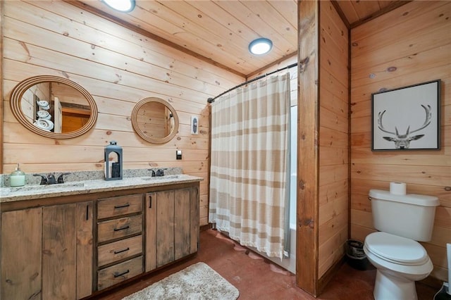 full bath with wooden ceiling, a sink, wooden walls, and toilet