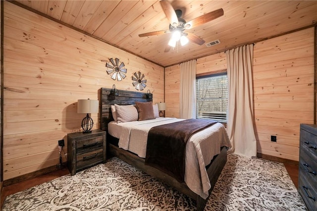 bedroom featuring wooden ceiling, visible vents, wood walls, and wood finished floors