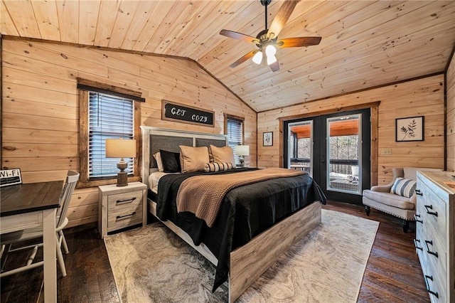 bedroom featuring lofted ceiling, access to outside, wood ceiling, and wooden walls