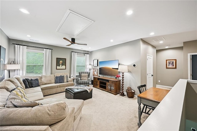 215 Dragonfly Way, Winder, GA 30680 - living room with attic access, recessed lighting, a ceiling fan, and carpet floors