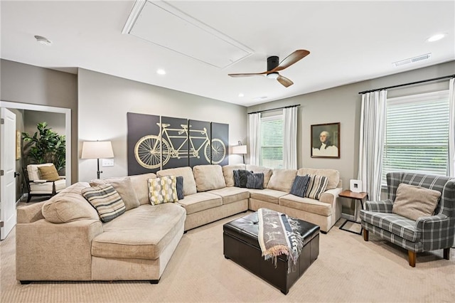 215 Dragonfly Way, Winder, GA 30680 - living room featuring attic access, light carpet, recessed lighting, and a ceiling fan