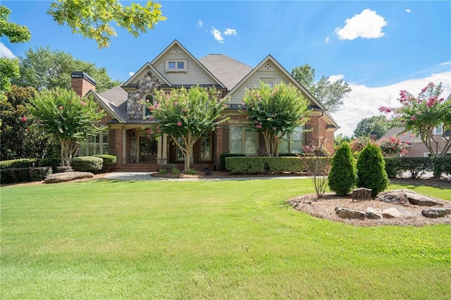 craftsman inspired home featuring a front lawn, a chimney, and brick siding