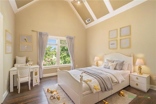 bedroom featuring dark wood-style floors, visible vents, high vaulted ceiling, and baseboards