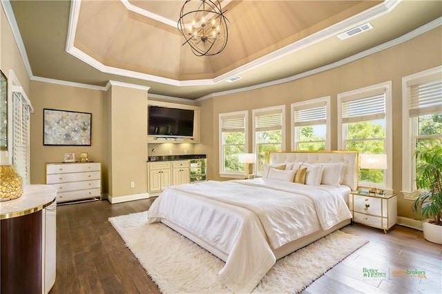 bedroom featuring a tray ceiling, multiple windows, and dark wood finished floors