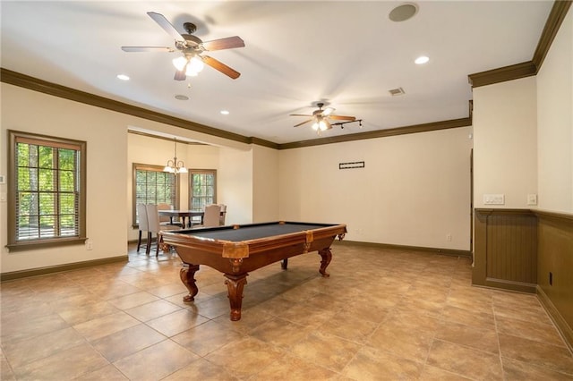 game room with baseboards, ornamental molding, ceiling fan, and pool table