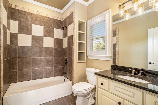 bathroom featuring shower / bathtub combination, ornamental molding, toilet, and tile patterned floors