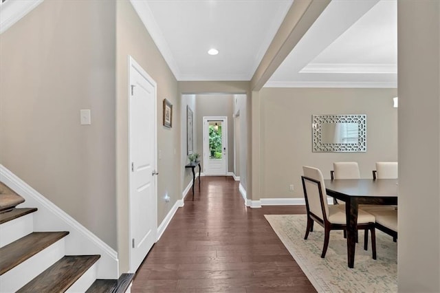 12 Pine St, Roswell, GA 30075 - entrance foyer with dark wood finished floors, ornamental molding, stairway, baseboards, and recessed lighting