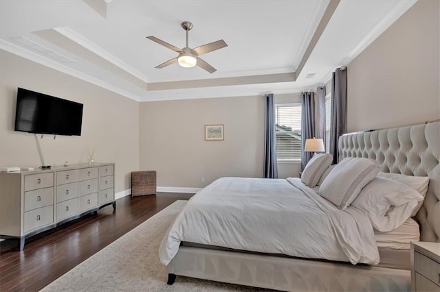 12 Pine St, Roswell, GA 30075 - bedroom featuring a tray ceiling, wood finished floors, ornamental molding, baseboards, and a ceiling fan