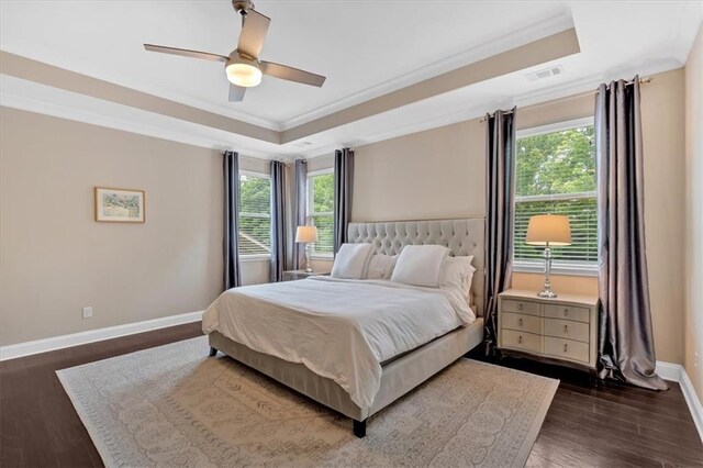 12 Pine St, Roswell, GA 30075 - bedroom with a raised ceiling, baseboards, ornamental molding, dark wood-type flooring, and ceiling fan