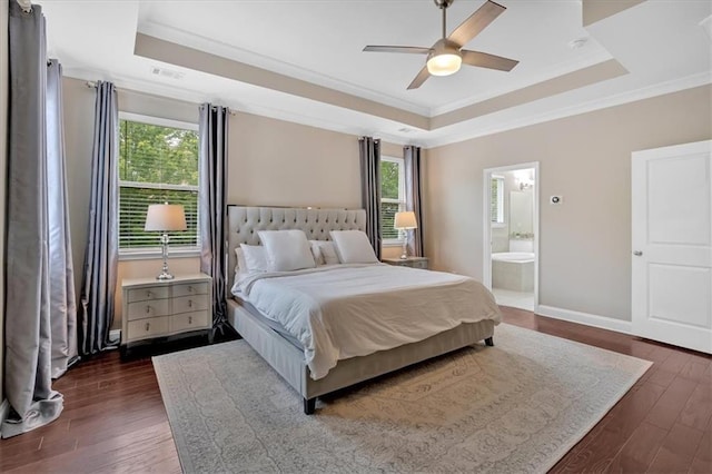 12 Pine St, Roswell, GA 30075 - bedroom featuring a tray ceiling, ornamental molding, dark wood-type flooring, baseboards, and ensuite bathroom