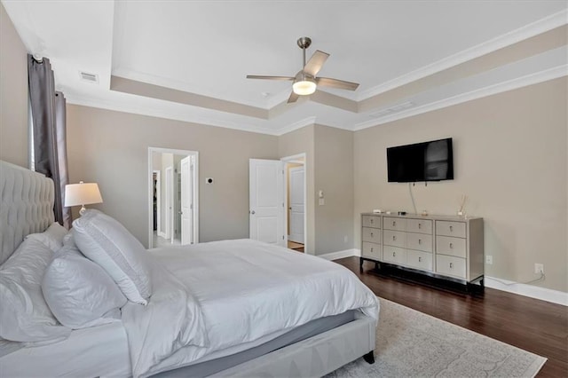 12 Pine St, Roswell, GA 30075 - bedroom featuring a raised ceiling, wood finished floors, ornamental molding, a ceiling fan, and baseboards