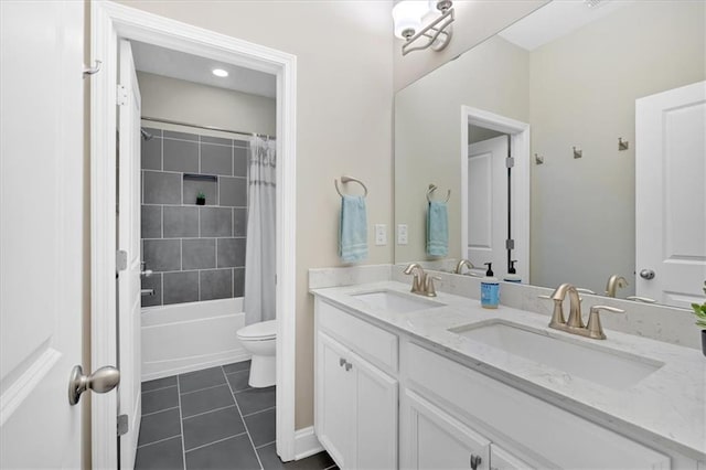 12 Pine St, Roswell, GA 30075 - bathroom featuring toilet, tile patterned flooring, double vanity, and shower / tub combo with curtain