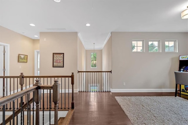12 Pine St, Roswell, GA 30075 - hall with an upstairs landing, baseboards, wood finished floors, and recessed lighting
