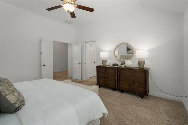 bedroom with baseboards, ceiling fan, and light carpet