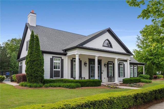 neoclassical / greek revival house with a porch, roof with shingles, a chimney, and a front yard