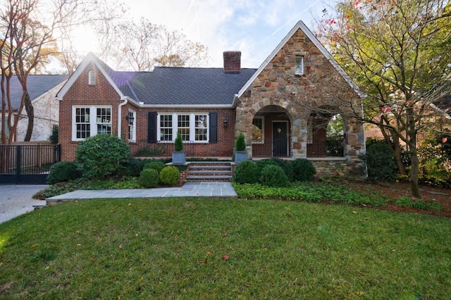 tudor home with a front yard