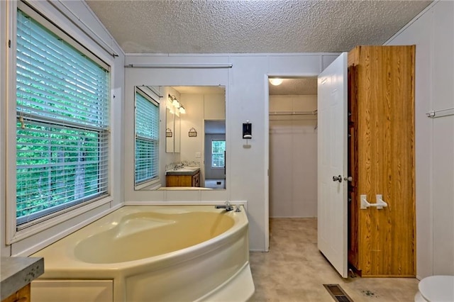bathroom featuring plenty of natural light, a textured ceiling, a garden tub, vanity, and a spacious closet