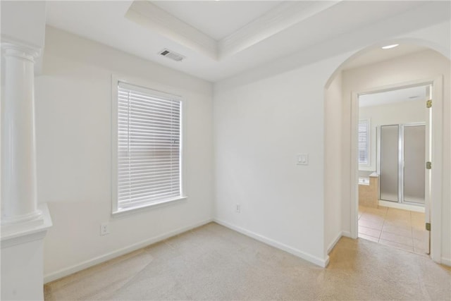 230 Collins View Ct, Lawrenceville, GA 30043 - carpeted spare room featuring arched walkways, crown molding, ornate columns, baseboards, and a tray ceiling
