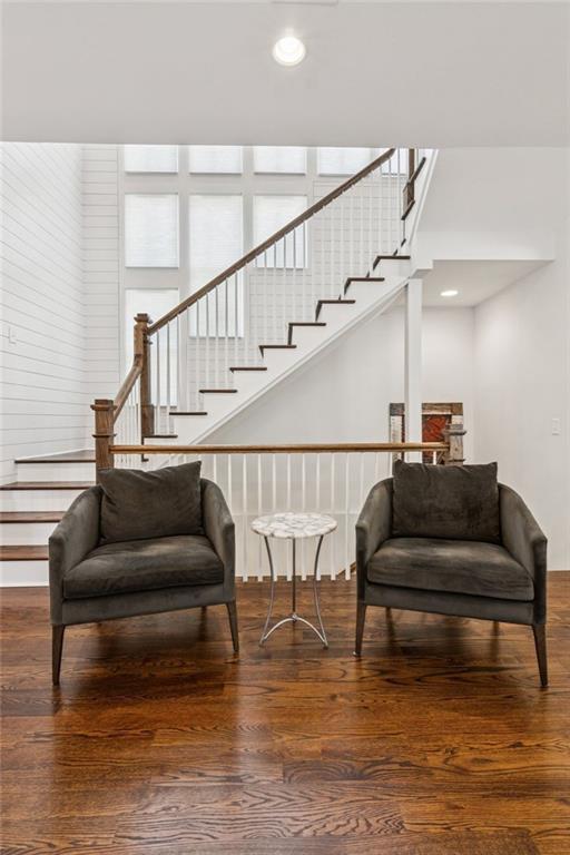 5971 Brundage Ln, Norcross, GA 30071 - sitting room with stairs, wood finished floors, and recessed lighting