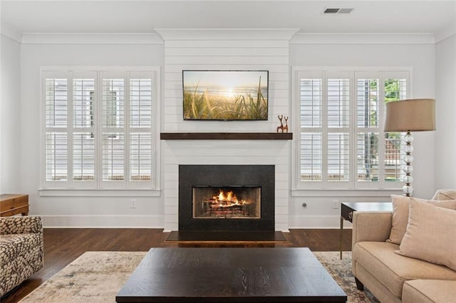 5971 Brundage Ln, Norcross, GA 30071 - living room with wood finished floors, ornamental molding, baseboards, healthy amount of natural light, and a fireplace