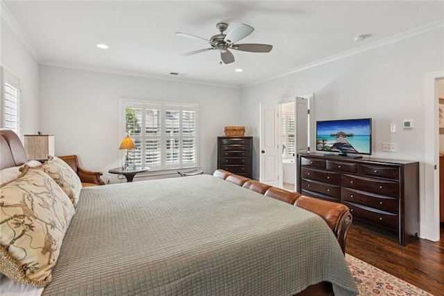 5971 Brundage Ln, Norcross, GA 30071 - bedroom featuring dark wood-style floors, ornamental molding, ceiling fan, and recessed lighting
