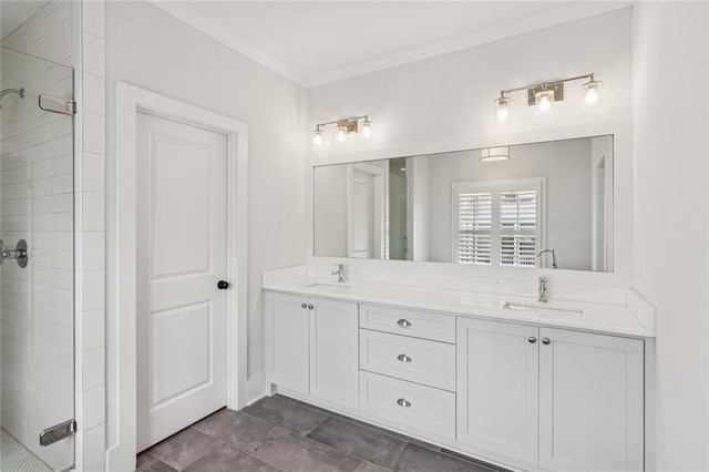 5971 Brundage Ln, Norcross, GA 30071 - bathroom featuring a stall shower, double vanity, crown molding, and tile patterned flooring