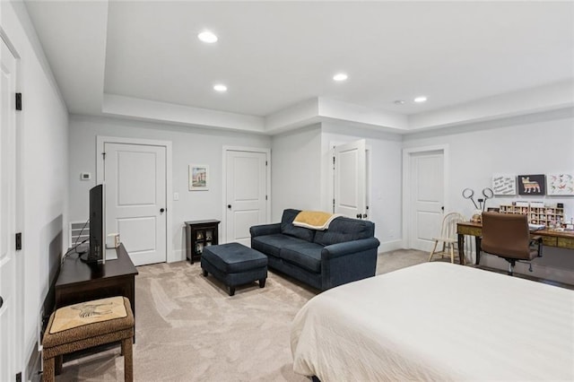 5971 Brundage Ln, Norcross, GA 30071 - bedroom with light colored carpet, a raised ceiling, recessed lighting, and baseboards