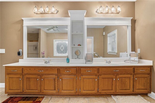 bathroom with ceiling fan, tile patterned flooring, independent shower and bath, and toilet